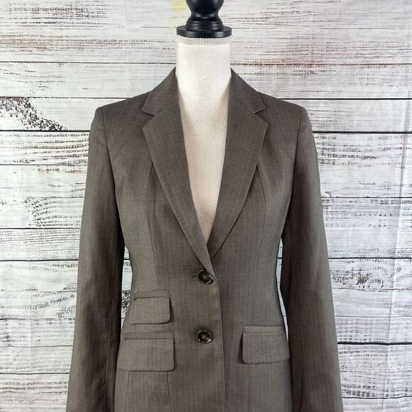 Anne Klein Blazer Jacket size 2 Brown Pinstripe Stretch Career Professional Suit - Picture 2 of 12